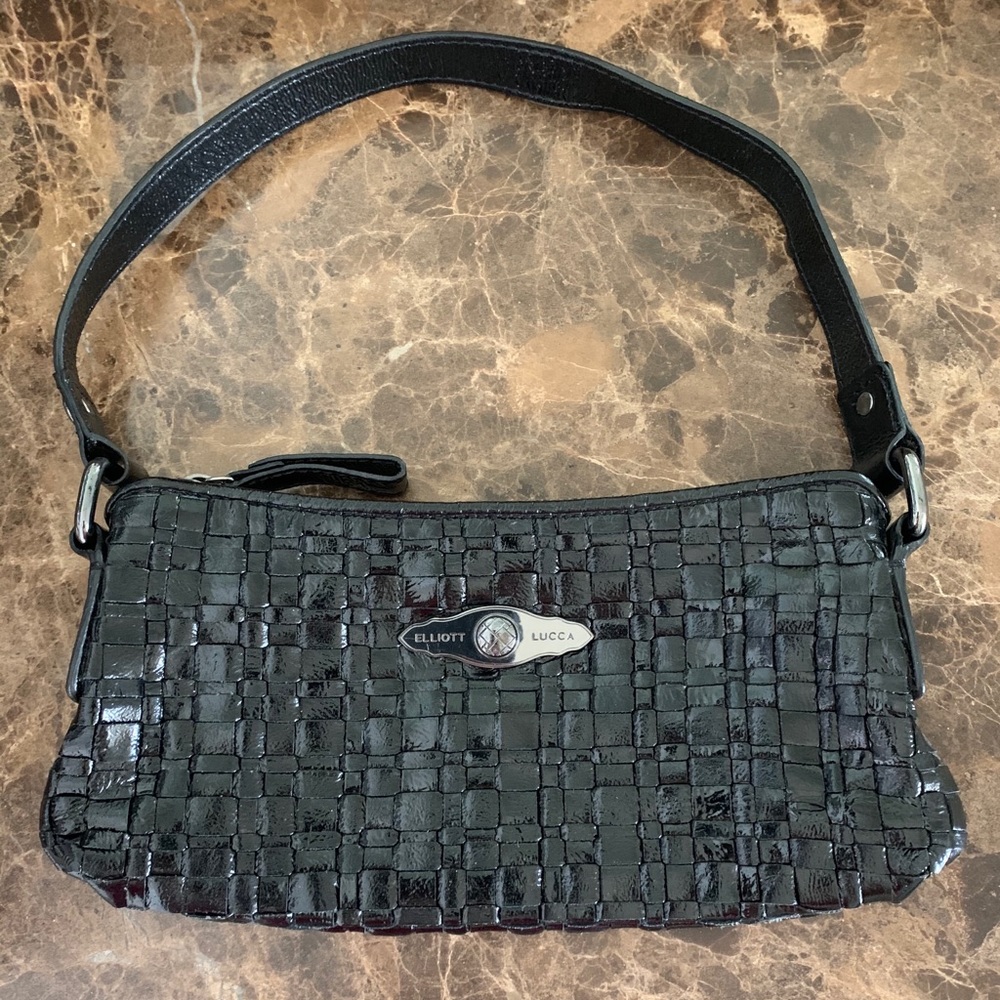 Elliott Lucca Black Woven Patebt Leather Handbag